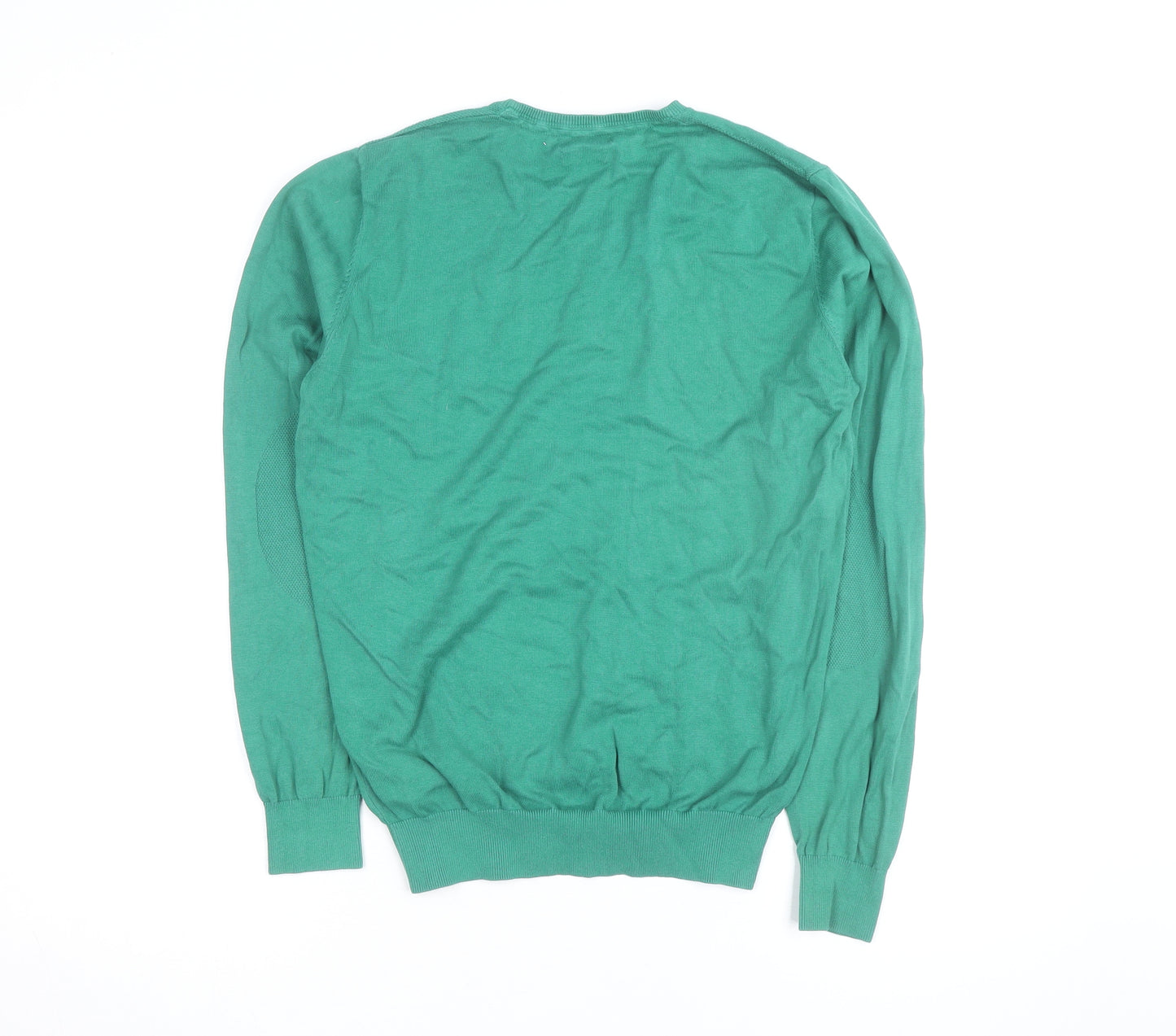 Massimo Dutti Men's Green Cotton V-Neck Jumper Size M