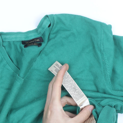 Massimo Dutti Men's Green Cotton V-Neck Jumper Size M