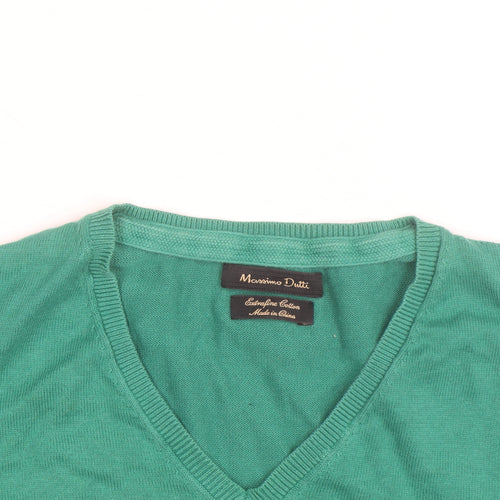 Massimo Dutti Men's Green Cotton V-Neck Jumper Size M