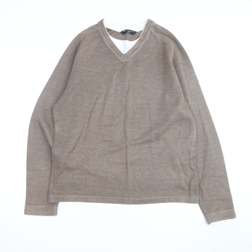 Marks and Spencer Blue Harbour Men Brown Cotton V-Neck Jumper Small