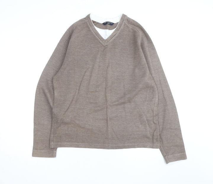 Marks and Spencer Blue Harbour Men Brown Cotton V-Neck Jumper Small