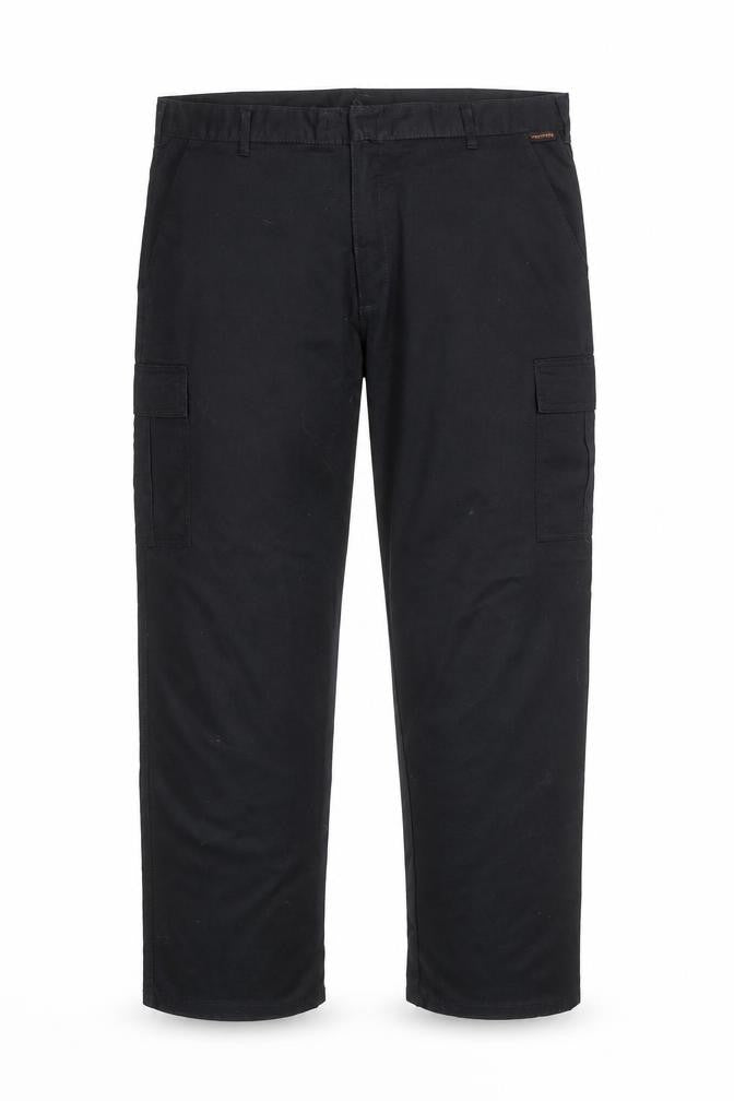 Front view of Portwest Men's Black Cargo Trousers, size 40, Regular Fit Workwear