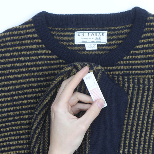 F&F Men’s Blue Striped Wool Blend Crew Neck Jumper Size M