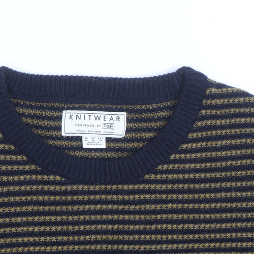 F&F Men’s Blue Striped Wool Blend Crew Neck Jumper Size M