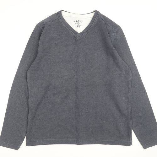 F&F Mens Grey V-Neck Long Sleeve Cotton Jumper Size M