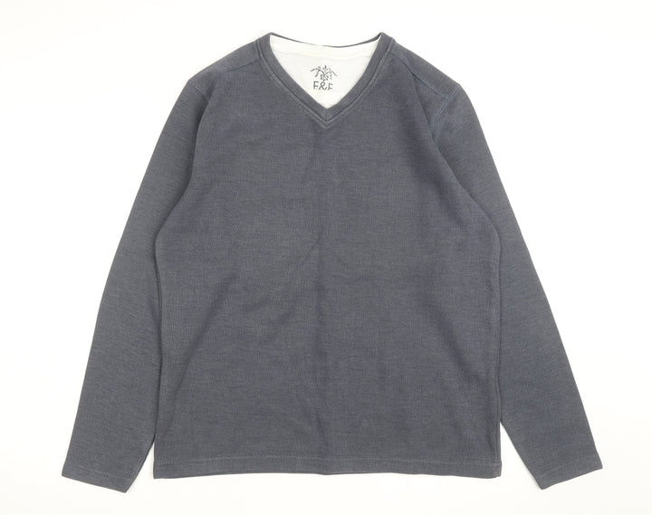 F&F Mens Grey V-Neck Long Sleeve Cotton Jumper Size M
