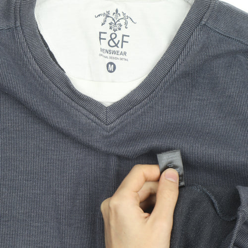 F&F Mens Grey V-Neck Long Sleeve Cotton Jumper Size M