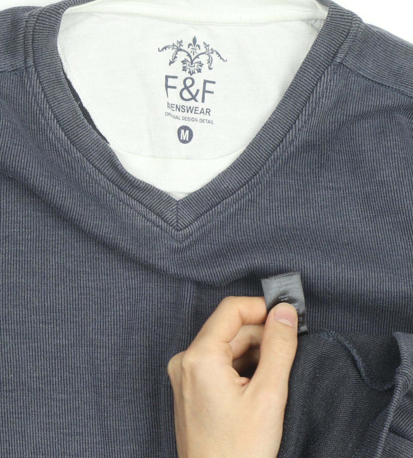 F&F Mens Grey V-Neck Long Sleeve Cotton Jumper Size M