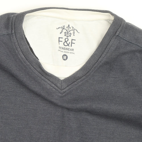 F&F Mens Grey V-Neck Long Sleeve Cotton Jumper Size M
