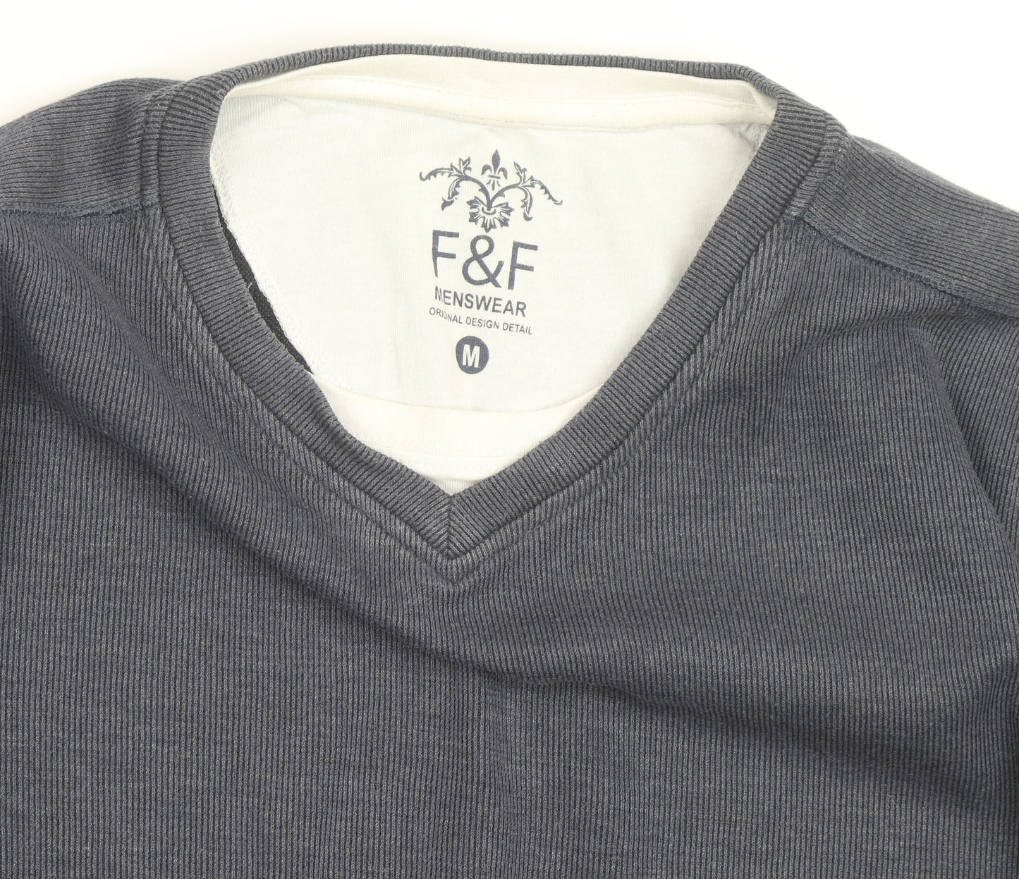 F&F Mens Grey V-Neck Long Sleeve Cotton Jumper Size M