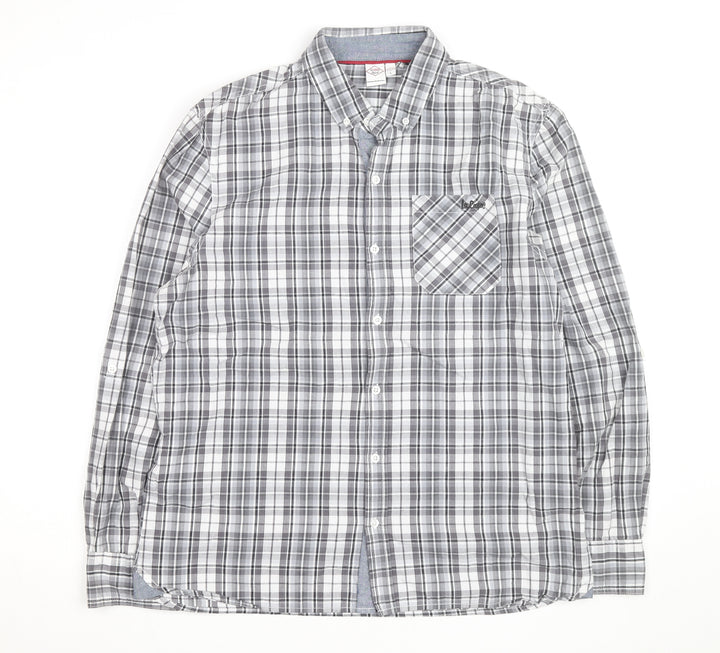 Lee Cooper Men's Grey Plaid Cotton Button-Up Shirt L