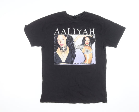 Front view of And Finally Women's Black Aaliyah Graphic T-Shirt, size 10