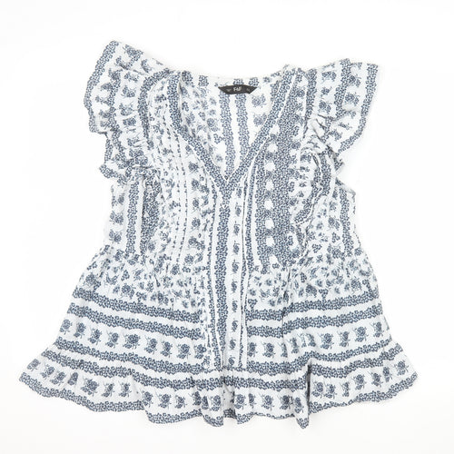 F&F Women’s Blue Floral Cotton Ruffle V-Neck Tunic Blouse Size 12