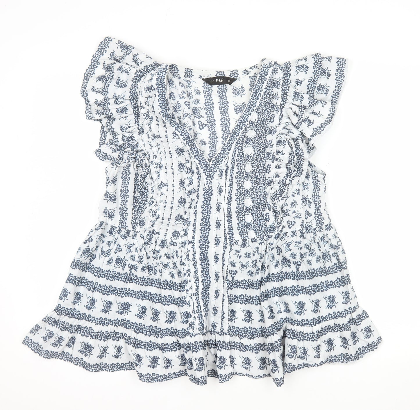 F&F Women’s Blue Floral Cotton Ruffle V-Neck Tunic Blouse Size 12
