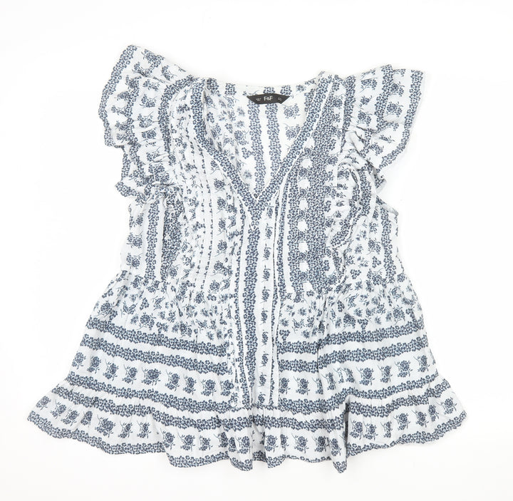 F&F Women’s Blue Floral Cotton Ruffle V-Neck Tunic Blouse Size 12
