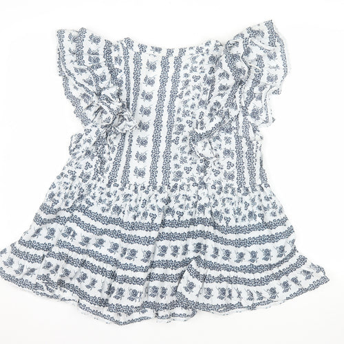 F&F Women’s Blue Floral Cotton Ruffle V-Neck Tunic Blouse Size 12