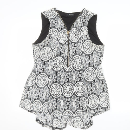 QUIZ Womens Black White Floral Sleeveless Zip Tunic Top Size 14