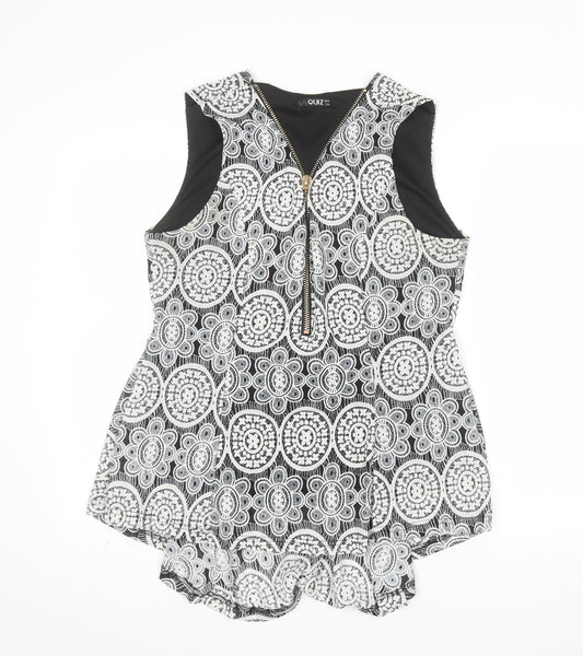 QUIZ Womens Black White Floral Sleeveless Zip Tunic Top Size 14