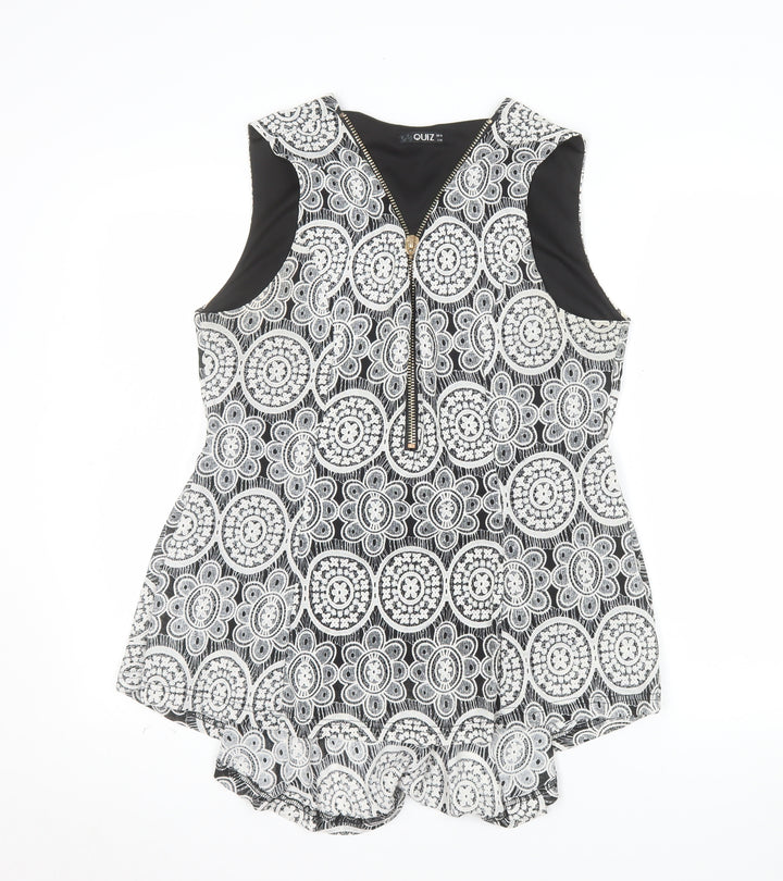 QUIZ Womens Black White Floral Sleeveless Zip Tunic Top Size 14
