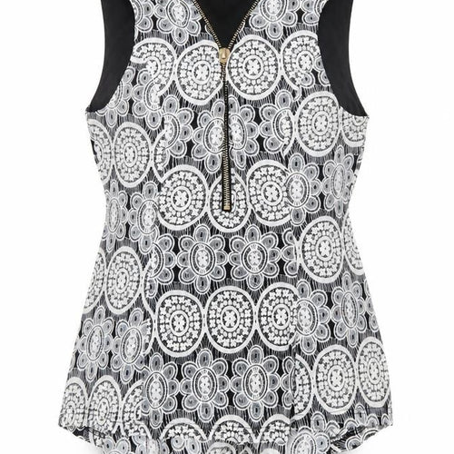 QUIZ Womens Black White Floral Sleeveless Zip Tunic Top Size 14