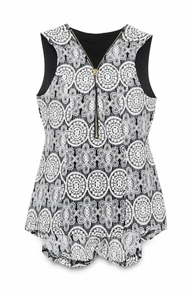 QUIZ Womens Black White Floral Sleeveless Zip Tunic Top Size 14
