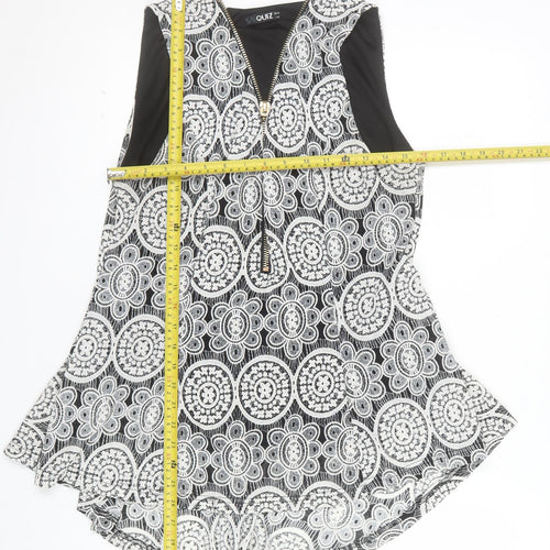 QUIZ Womens Black White Floral Sleeveless Zip Tunic Top Size 14