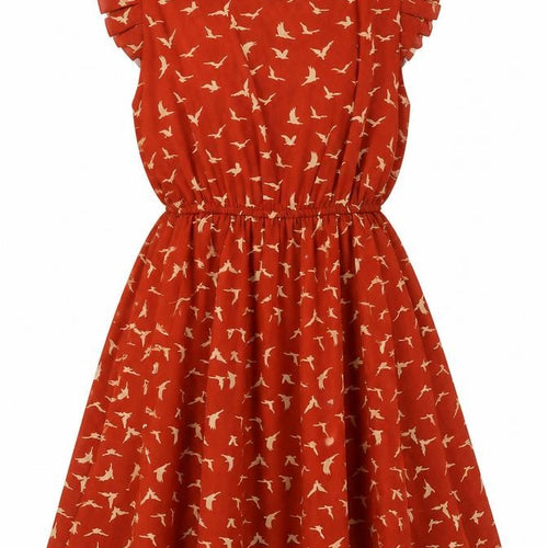Shikha London Women’s Red Bird Print Ruffle Fit & Flare Dress M