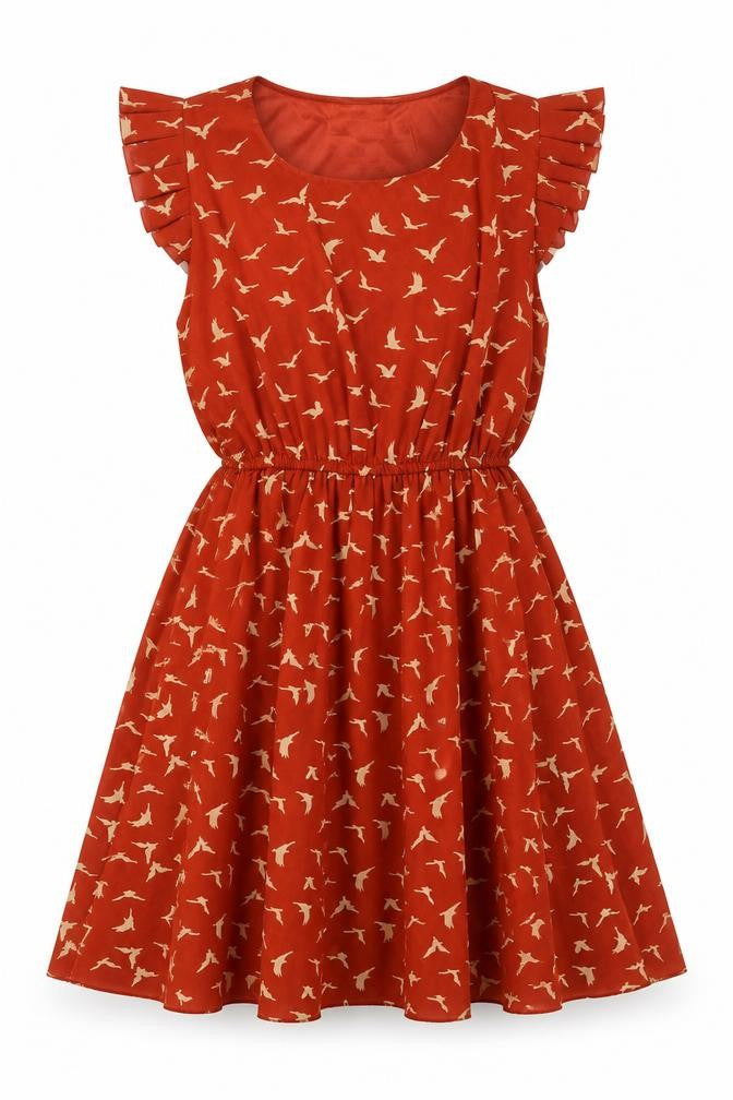 Shikha London Women’s Red Bird Print Ruffle Fit & Flare Dress M