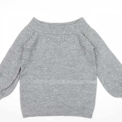 Papaya Women's Grey Beaded Knit Boat Neck Jumper Size M