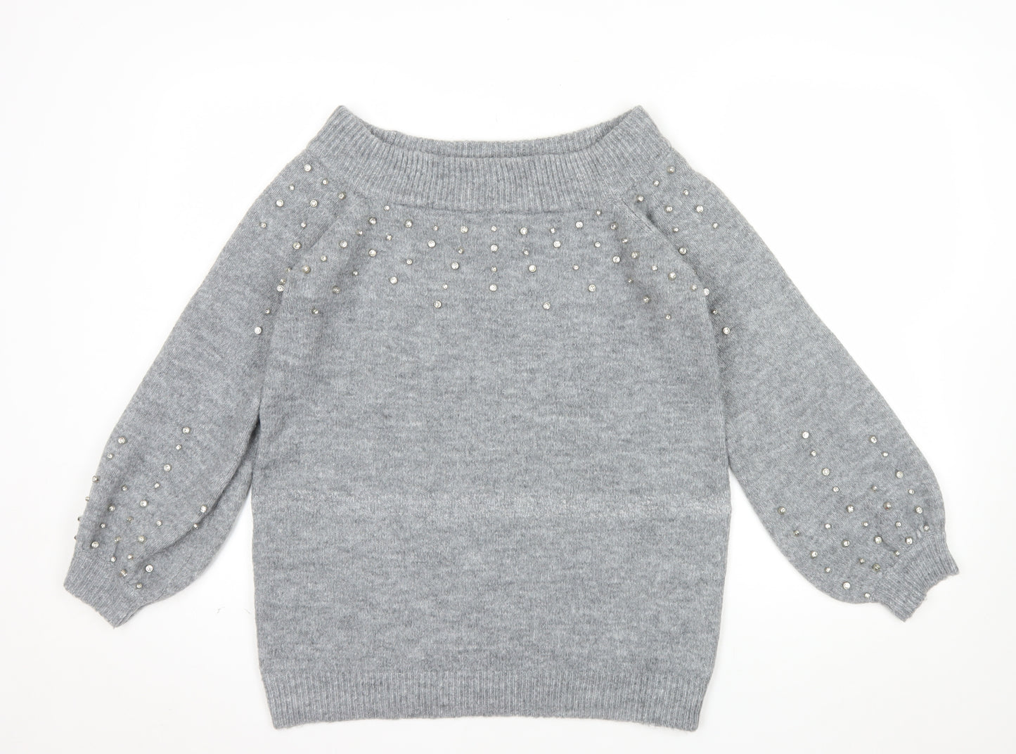Papaya Women's Grey Beaded Knit Boat Neck Jumper Size M
