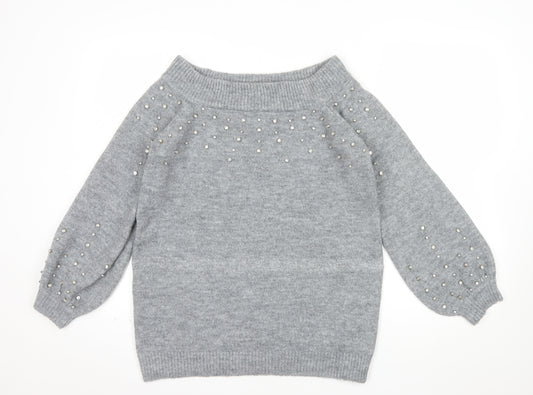 Papaya Women's Grey Beaded Knit Boat Neck Jumper Size M