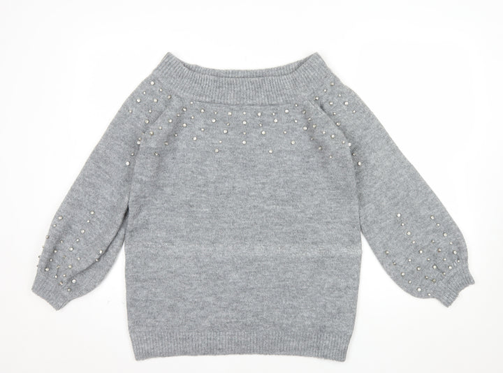 Papaya Women's Grey Beaded Knit Boat Neck Jumper Size M