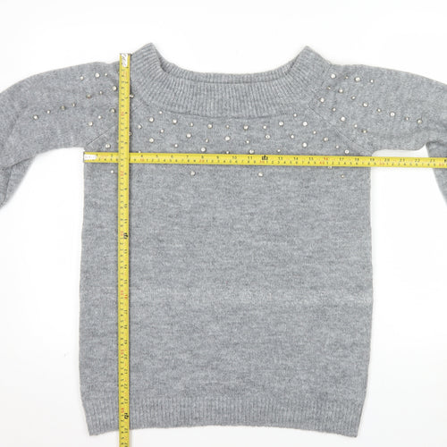 Papaya Women's Grey Beaded Knit Boat Neck Jumper Size M