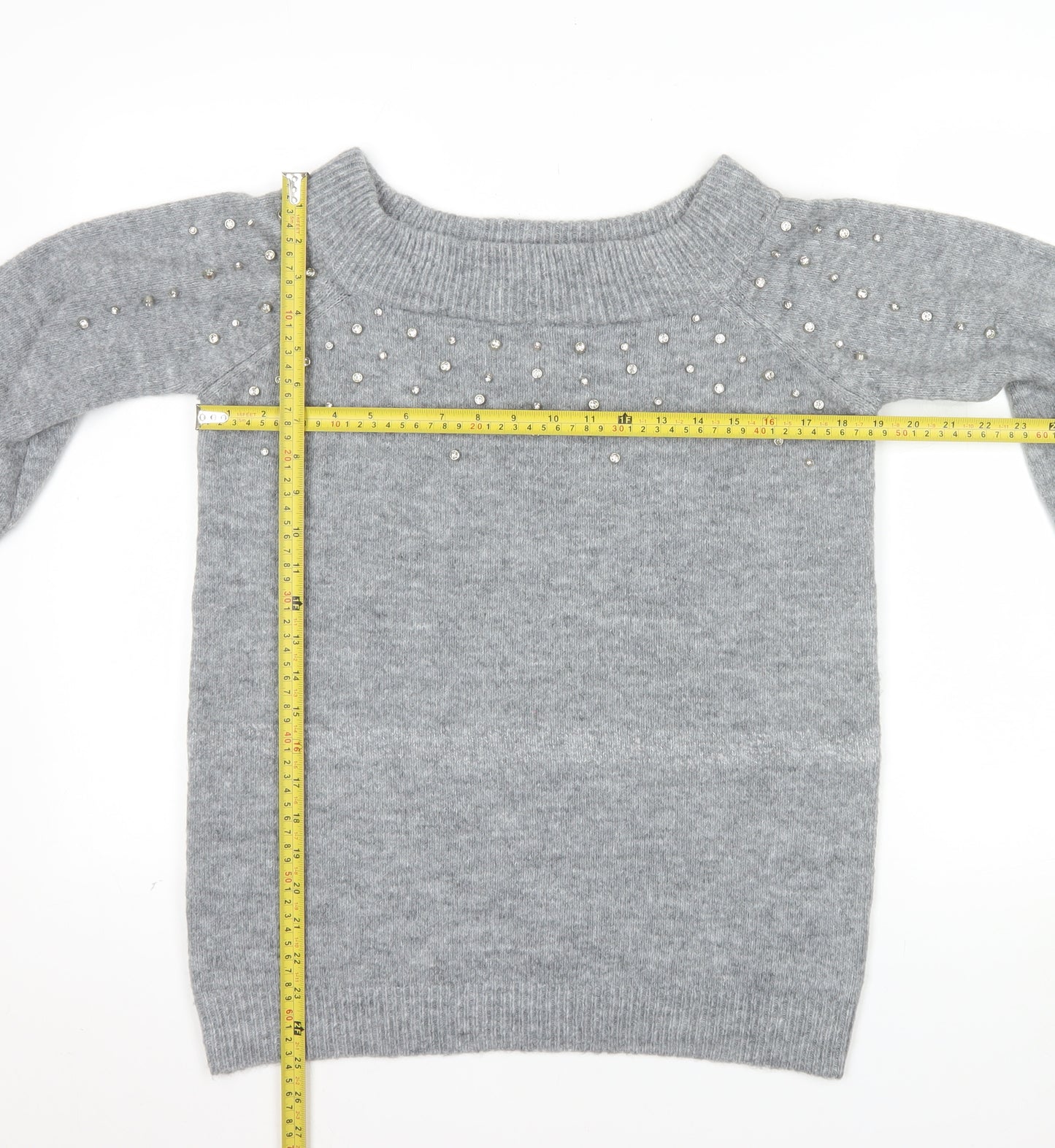 Papaya Women's Grey Beaded Knit Boat Neck Jumper Size M