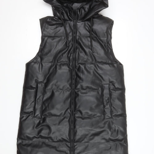 Primark Women Black Faux Leather Hooded Padded Waistcoat M