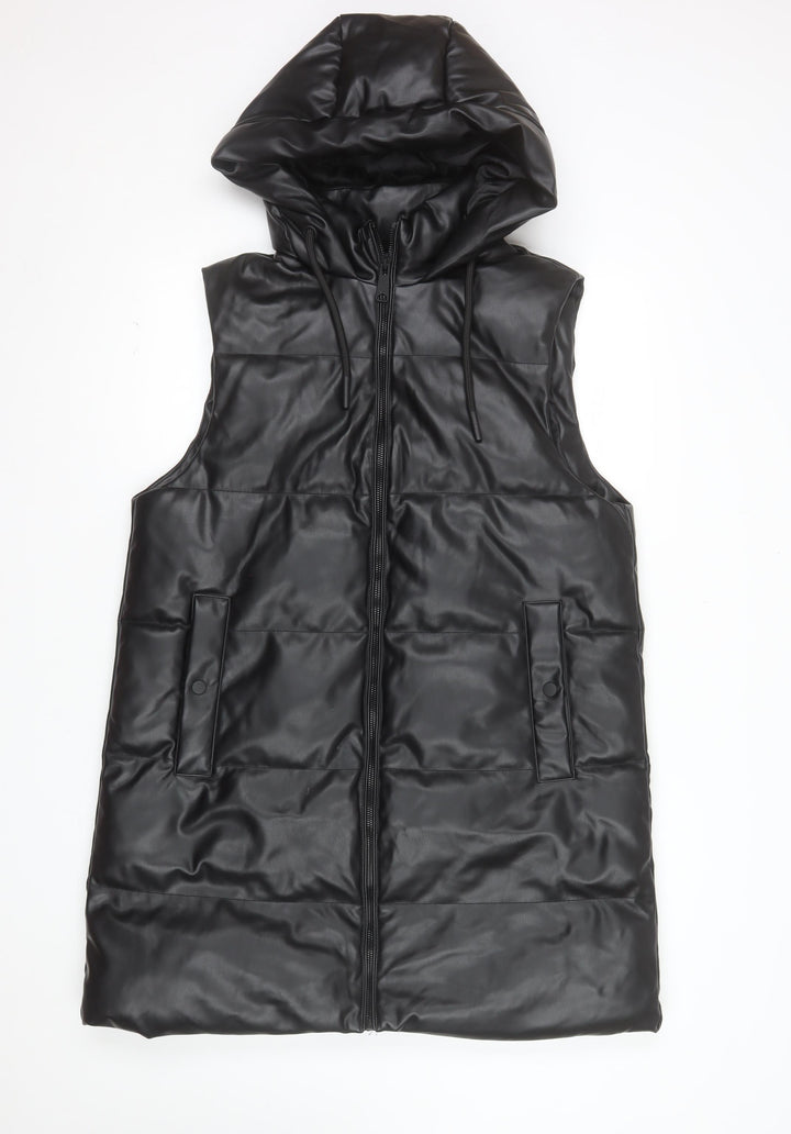 Primark Women Black Faux Leather Hooded Padded Waistcoat M