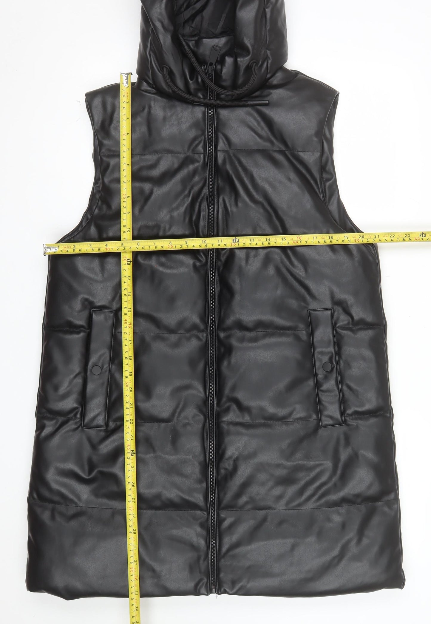 Primark Women Black Faux Leather Hooded Padded Waistcoat M