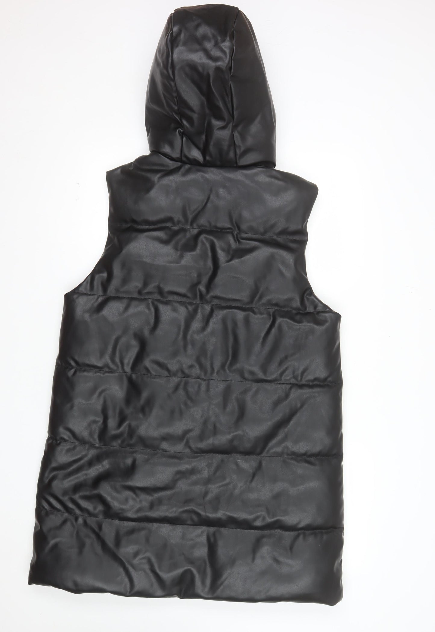 Primark Women Black Faux Leather Hooded Padded Waistcoat M