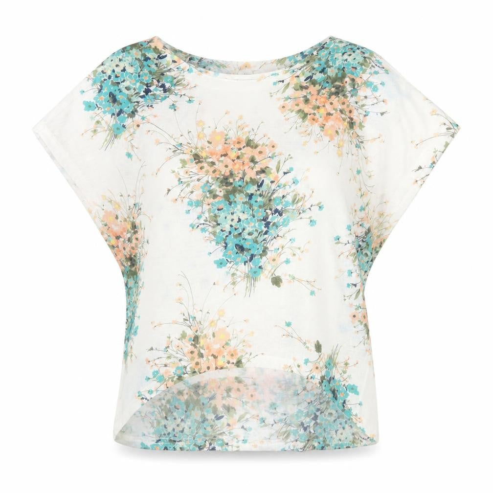 Front view of Apricot women’s multicoloured floral tunic blouse, size S, short sleeve