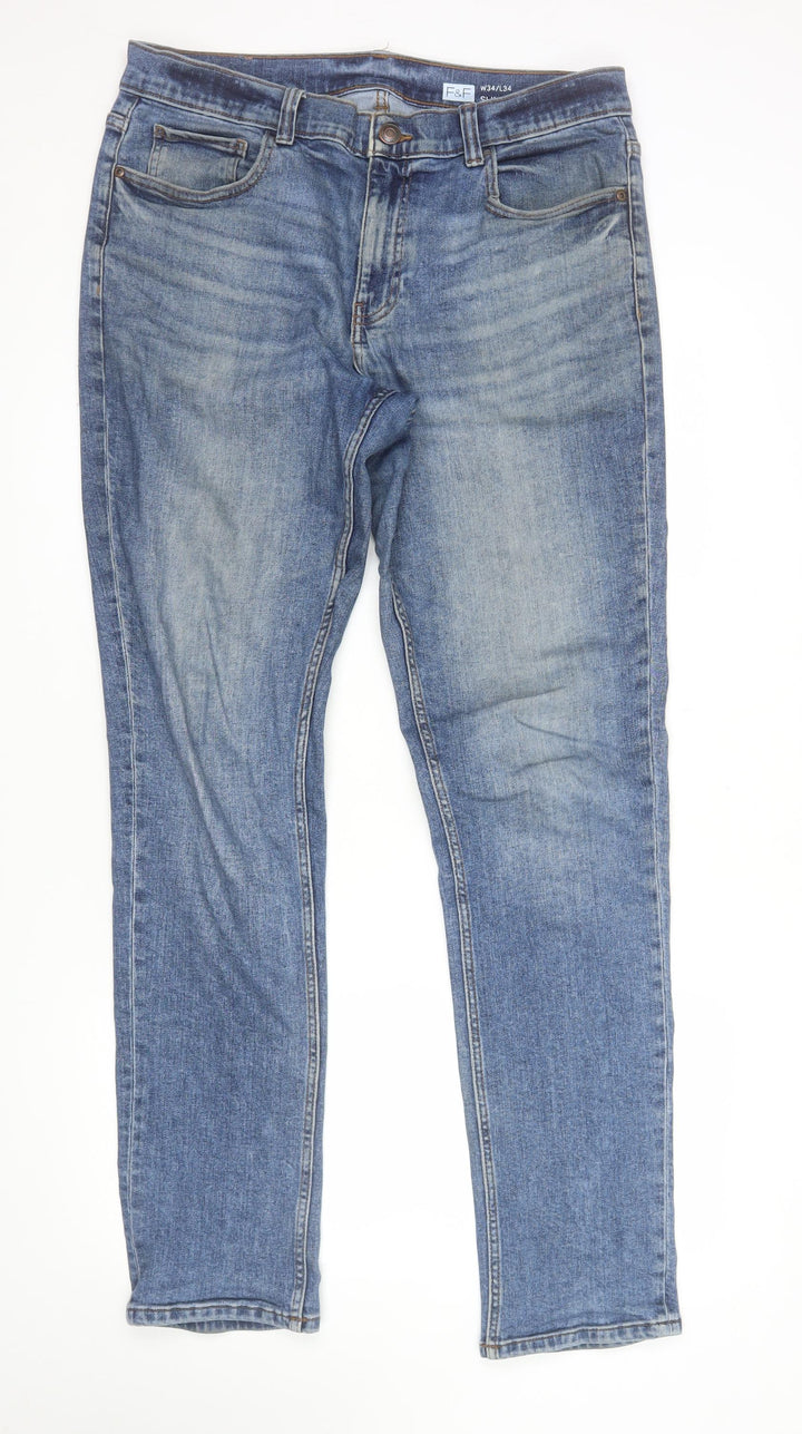 F&F Men's Blue Slim Fit Mid Rise Straight Leg Jeans W34 L34