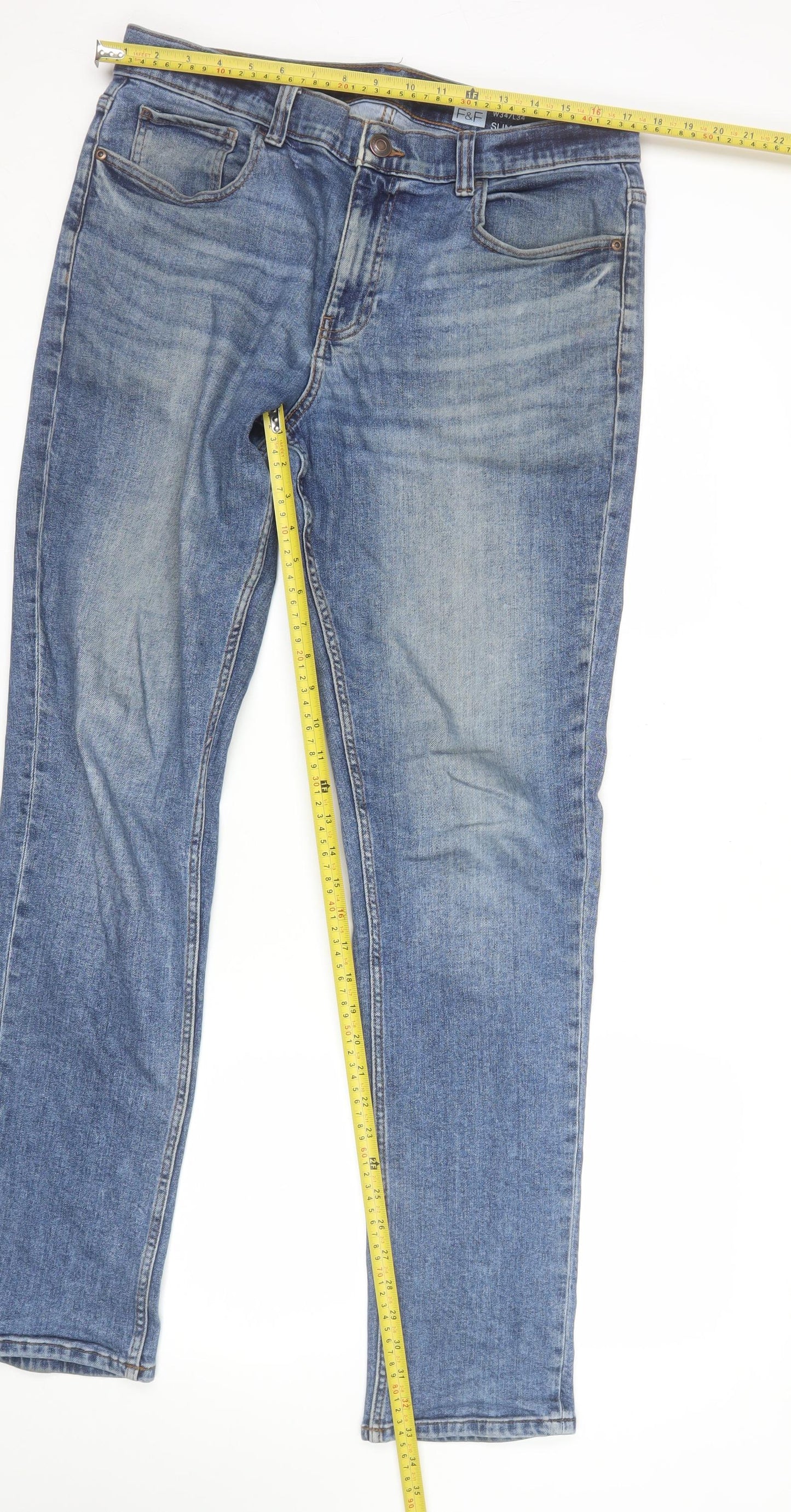 F&F Men's Blue Slim Fit Mid Rise Straight Leg Jeans W34 L34