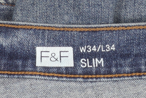 F&F Men's Blue Slim Fit Mid Rise Straight Leg Jeans W34 L34