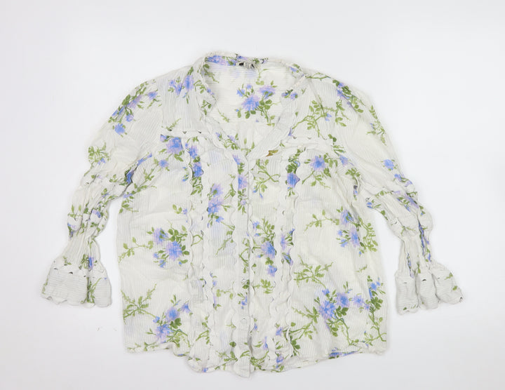 Love & Roses Womens White Floral Ruffle Cotton Blouse UK 12