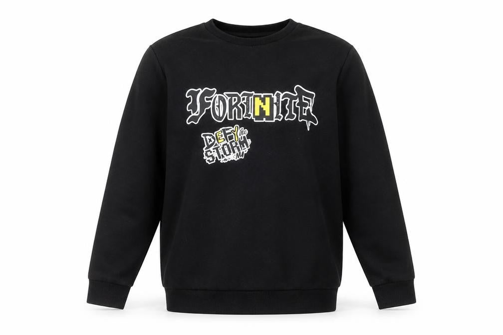 Front view of Fortnite boys’ black l graphic print pullover sweatshirt