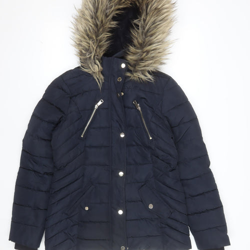 F&F Womens Blue Mid-Length Puffer Coat Size 10 Hooded Fur Trim