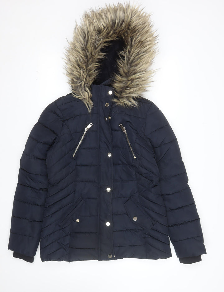 F&F Womens Blue Mid-Length Puffer Coat Size 10 Hooded Fur Trim