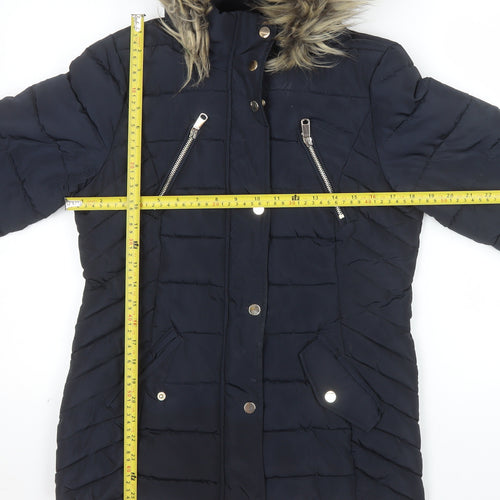 F&F Womens Blue Mid-Length Puffer Coat Size 10 Hooded Fur Trim