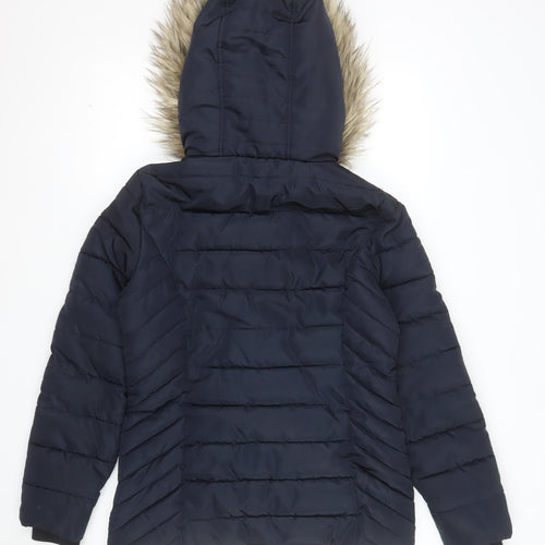 F&F Womens Blue Mid-Length Puffer Coat Size 10 Hooded Fur Trim