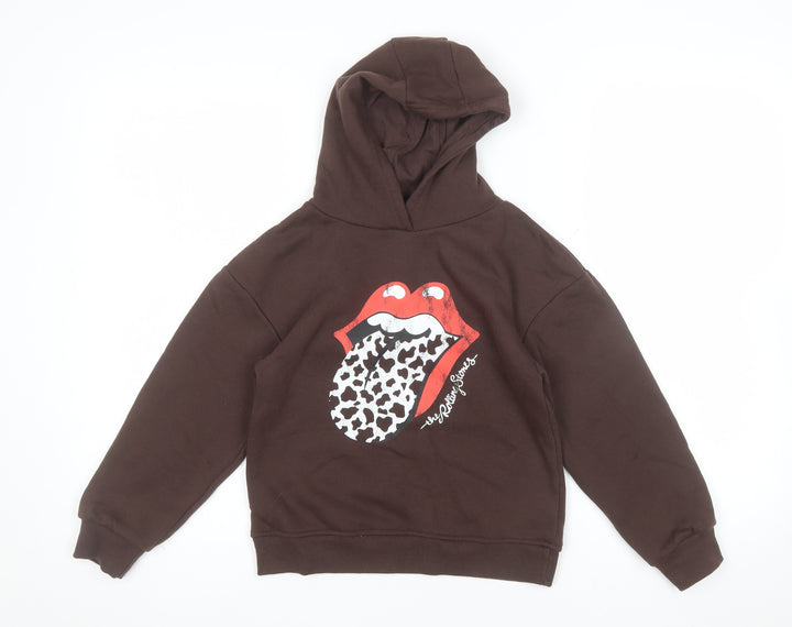 The Rolling Stones Girls Brown 7-8 Years Pullover Hoodie with Logo Print