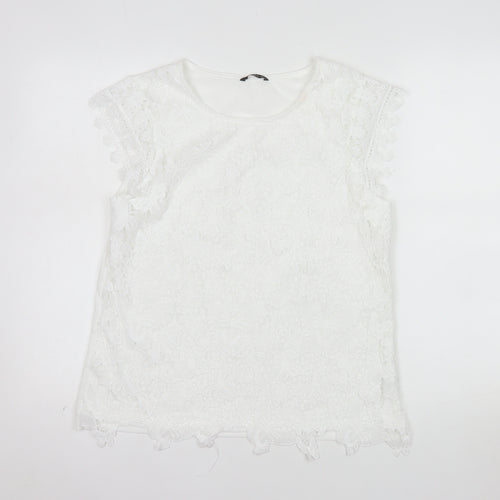Roman Women’s White Lace Floral Blouse Size 14 Short Sleeve Top